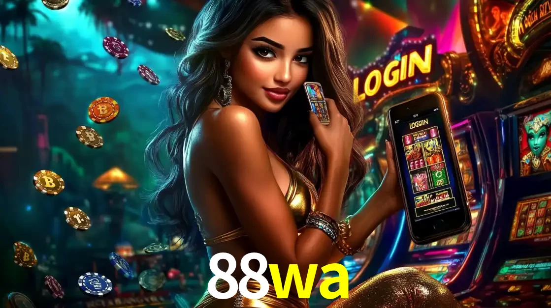 Mulher em um cenário de cassino temático de aventura, mostrando o app de caça-níqueis da 88wa no celular. Fichas de apostas flutuam ao redor.