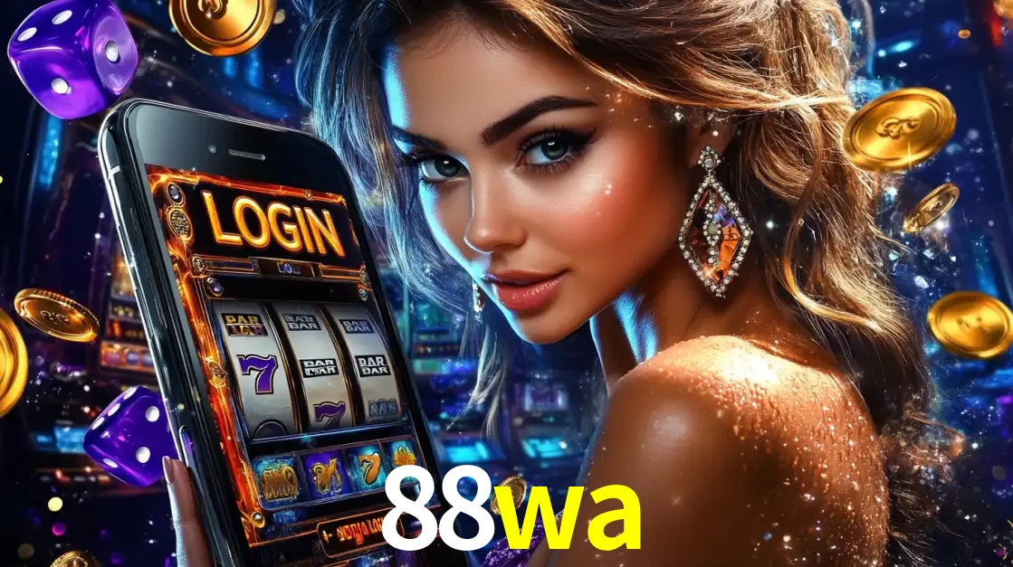 Mulher glamorosa segurando um smartphone com a tela de login para os jogos de caça-níqueis do cassino online 88wa, com moedas de ouro e dados ao redor.