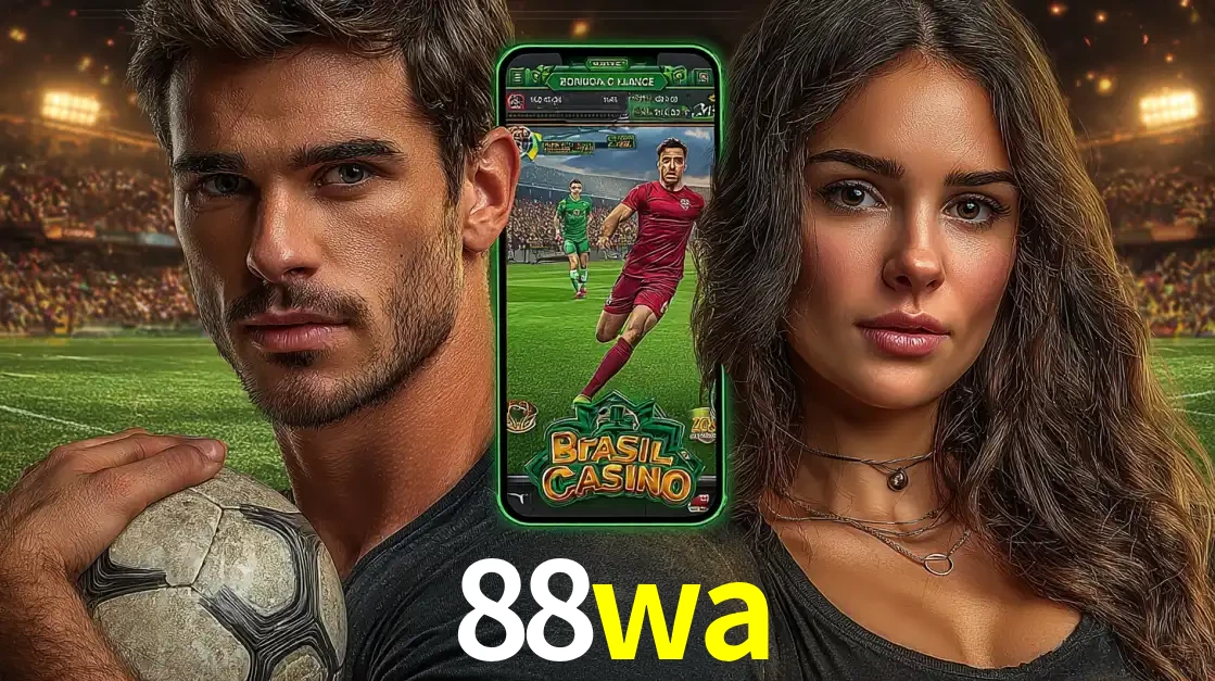Homem segurando uma bola de futebol e uma mulher ao lado de um smartphone exibindo o jogo de apostas esportivas da 88wa. Faça seu palpite no cassino online.